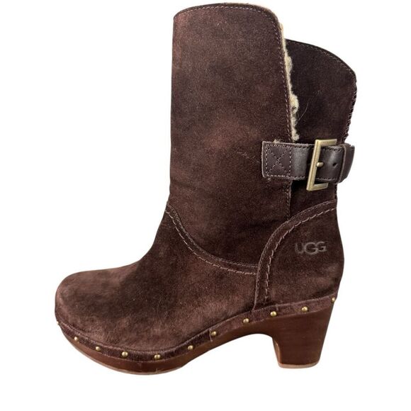 UGG Shoes - Ugg Amoret Clog Sheepskin Chocolate Studded Suede Boot Wood Heeled Size 7